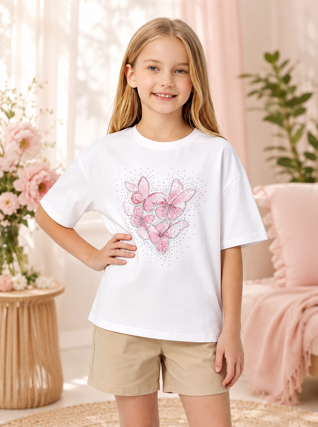 Girls' Cotton T-Shirt with Butterfly Print