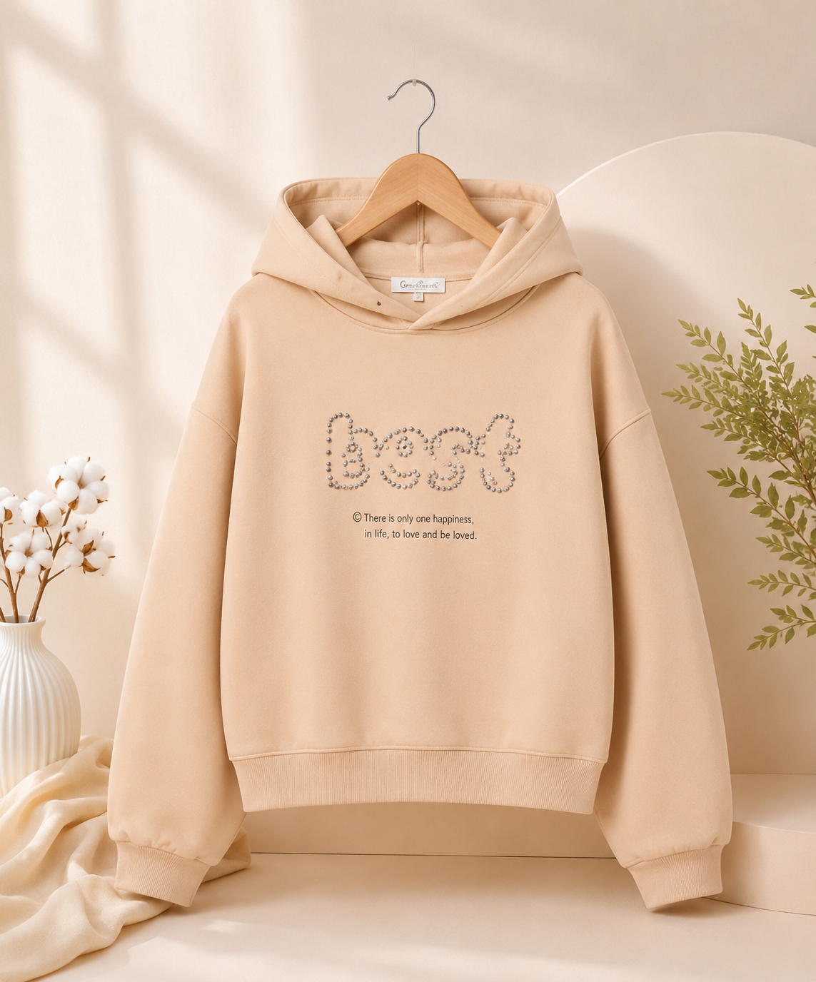 Girls' Beige Cotton Hoodie
