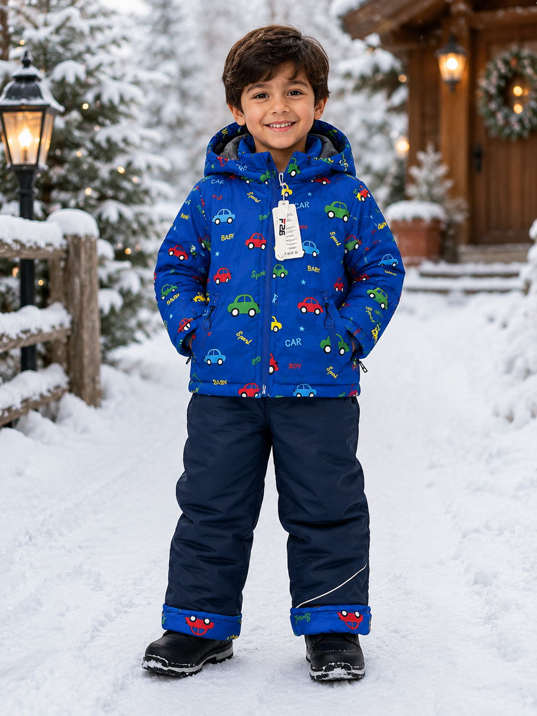 Boys’ Winter Set – Blue Car Print Jacket & Snow Pants