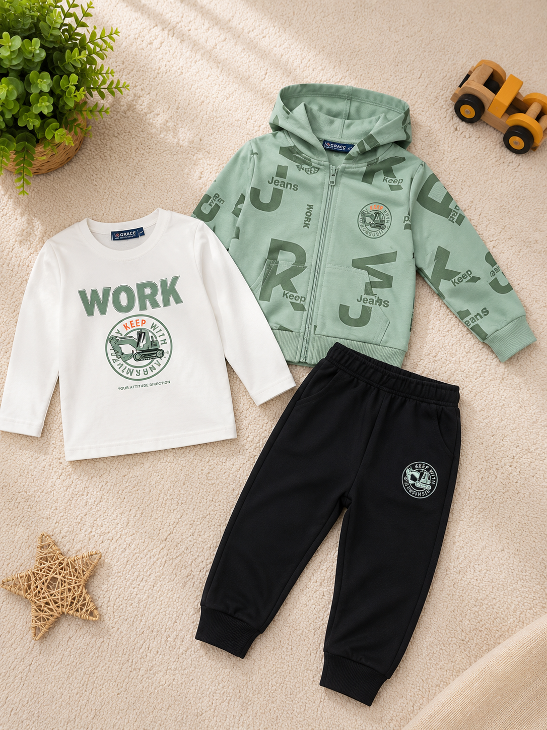 3-Piece Boys Hoodie Set – Work Construction Theme