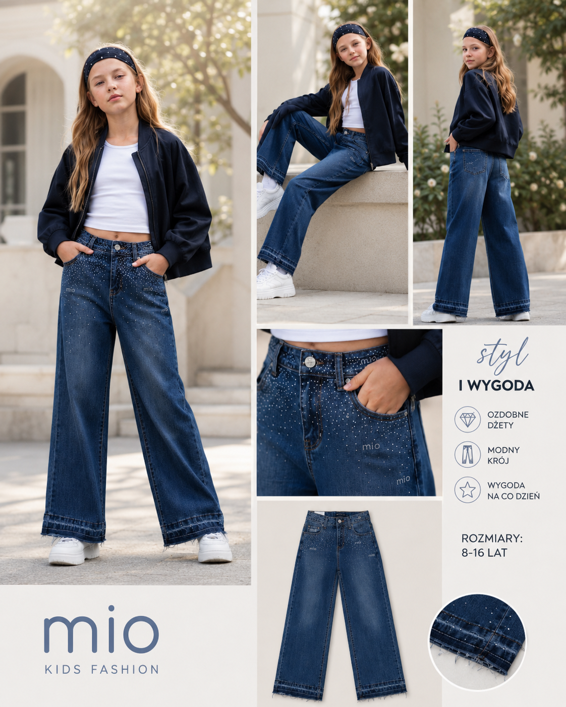 Girls Wide Leg Rhinestone Jeans – Premium Denim