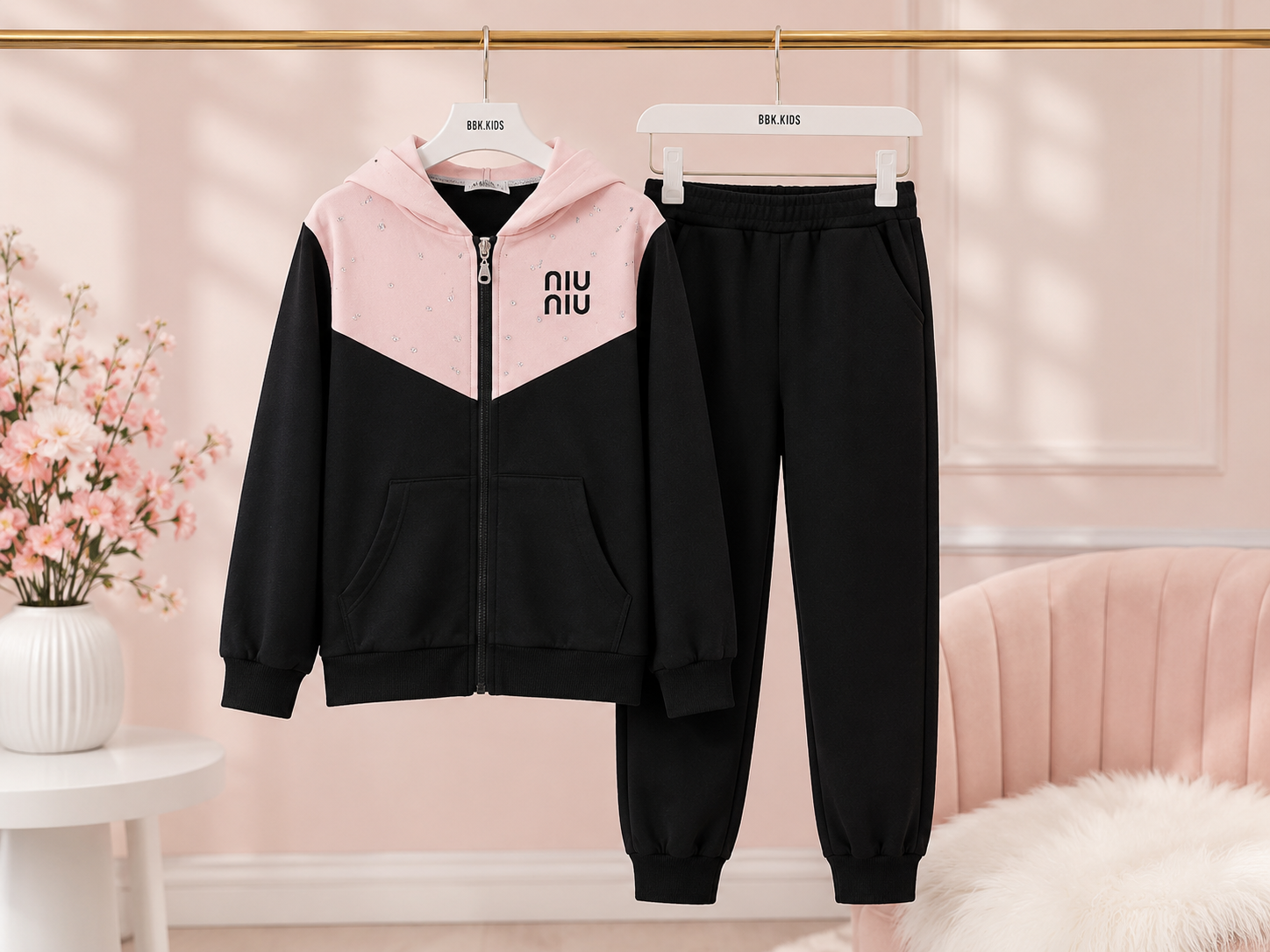 Girls' Black & Pink Hooded Tracksuit Set