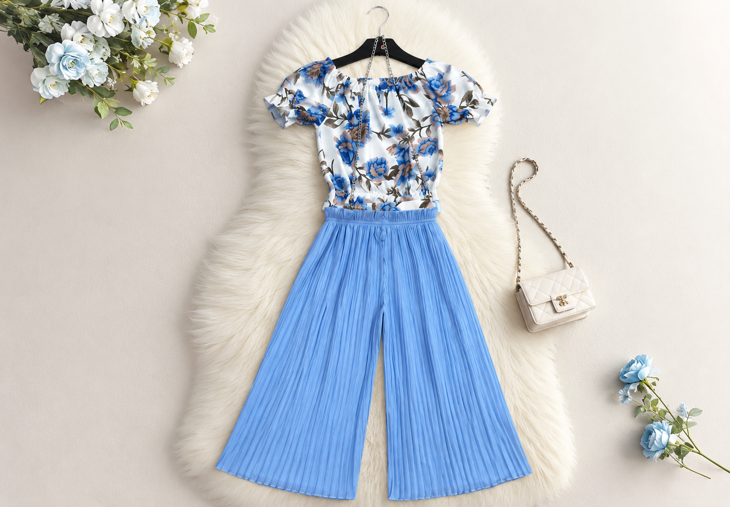 Girls' Floral Top & Sky Blue Pleated Pants Set