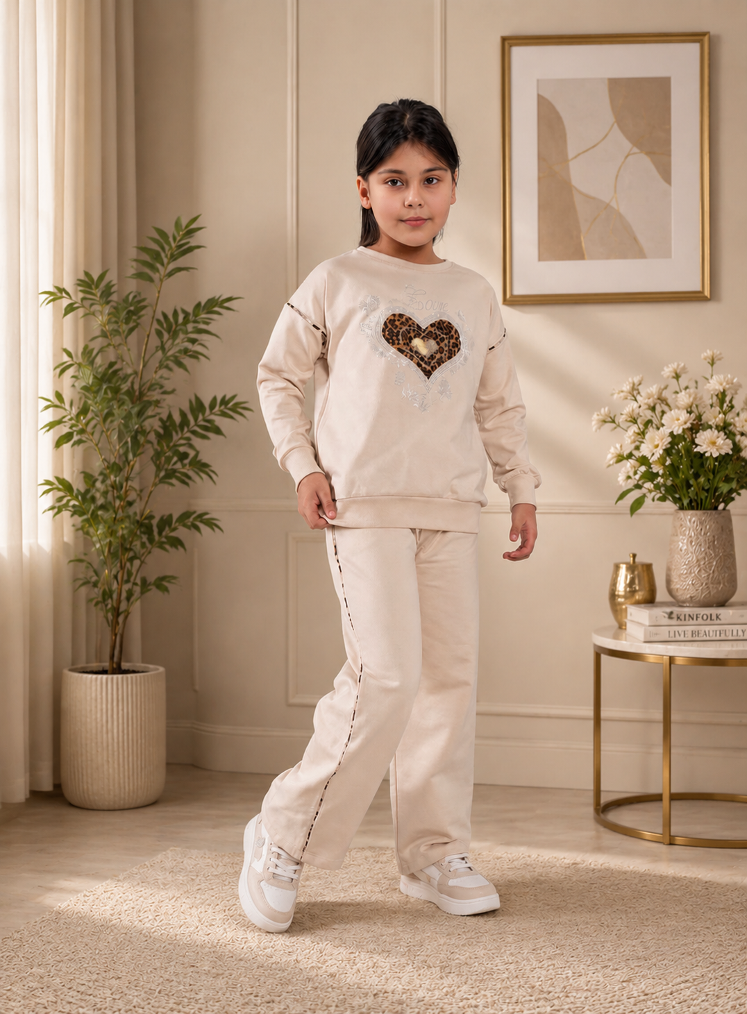 Premium Girls Beige Heart Co-Ord Set