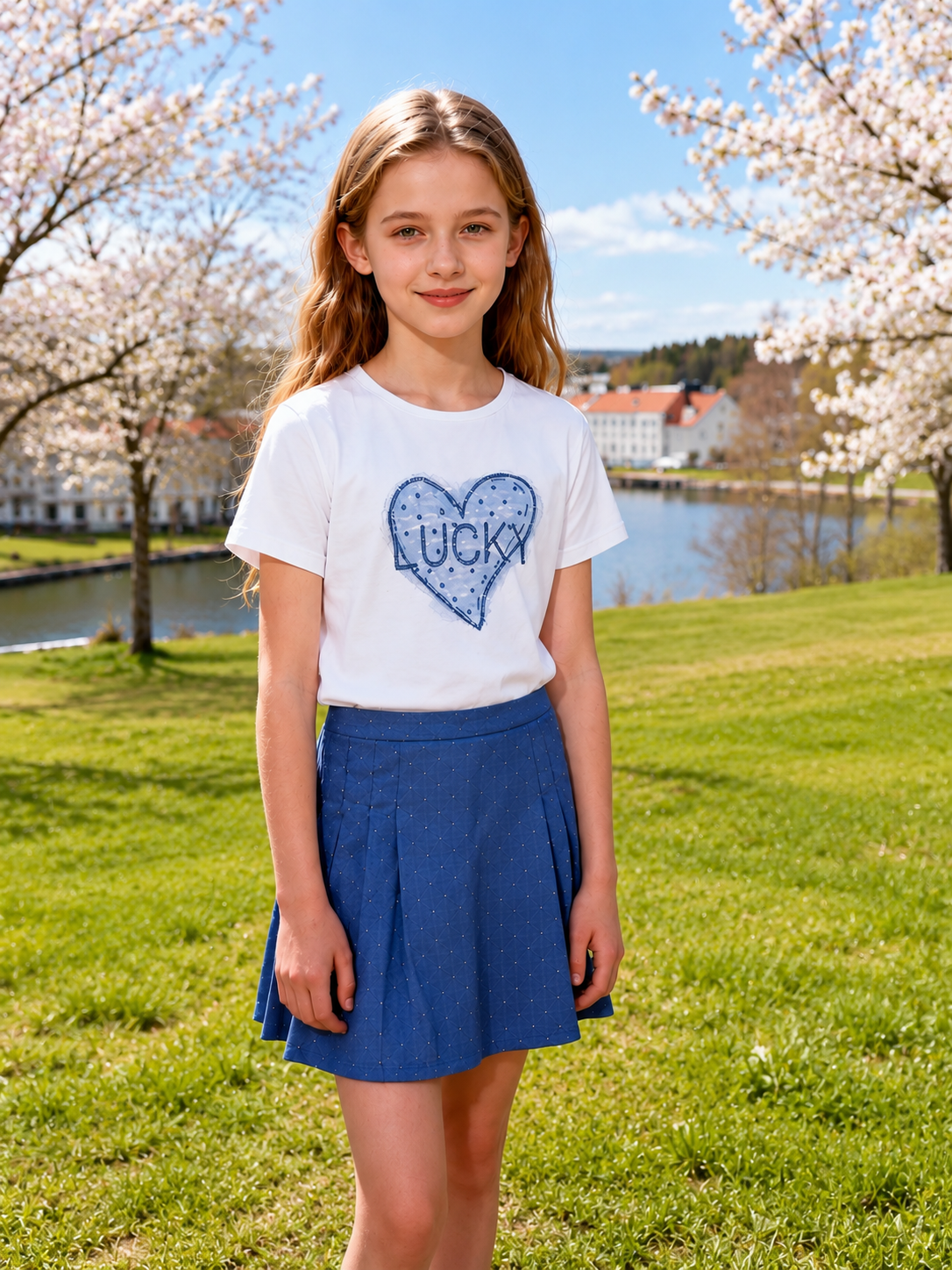 Girls' Two-Piece Set – White "Lucky" T-Shirt & Blue Skirt 💖