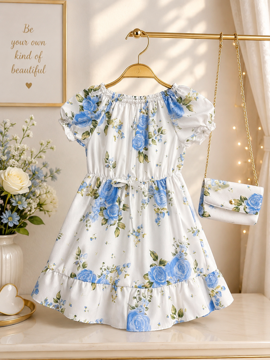 Girls' Floral Dress with Matching Crossbody Bag