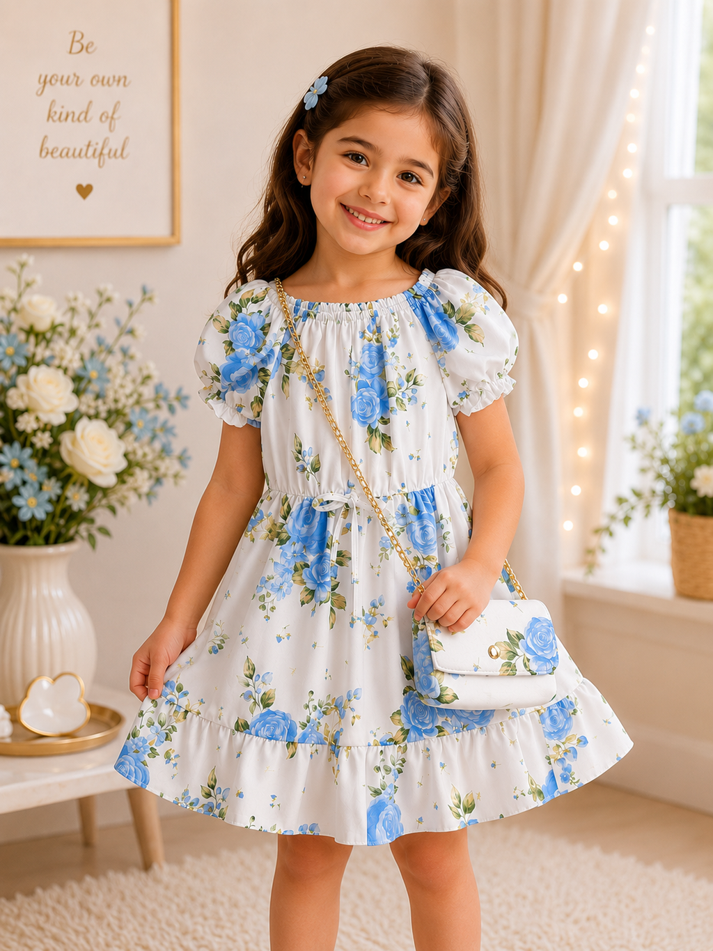 Girls' Floral Dress with Matching Crossbody Bag