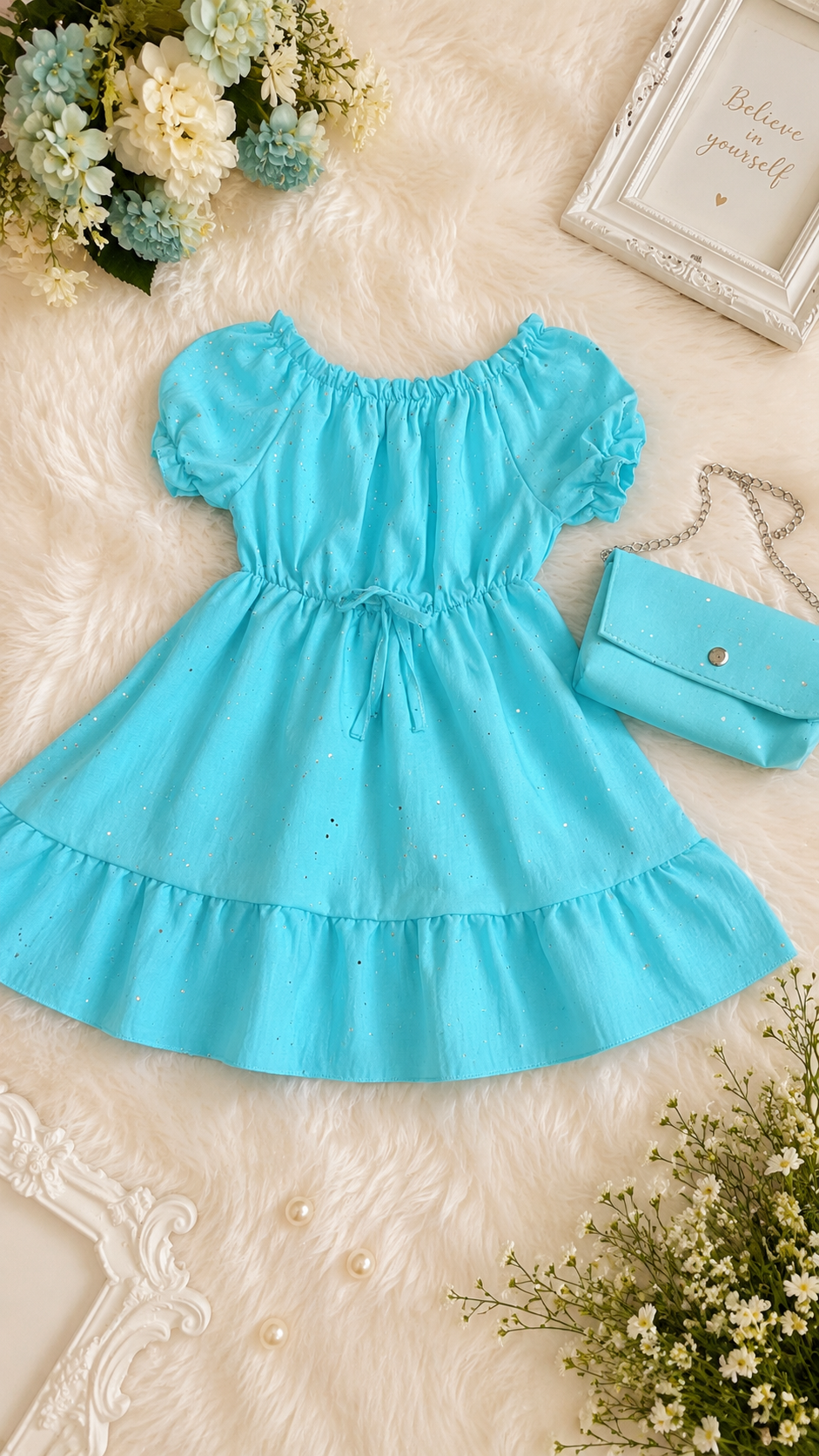 Girls' Elegant Off-Shoulder Dress with Matching Crossbody Bag