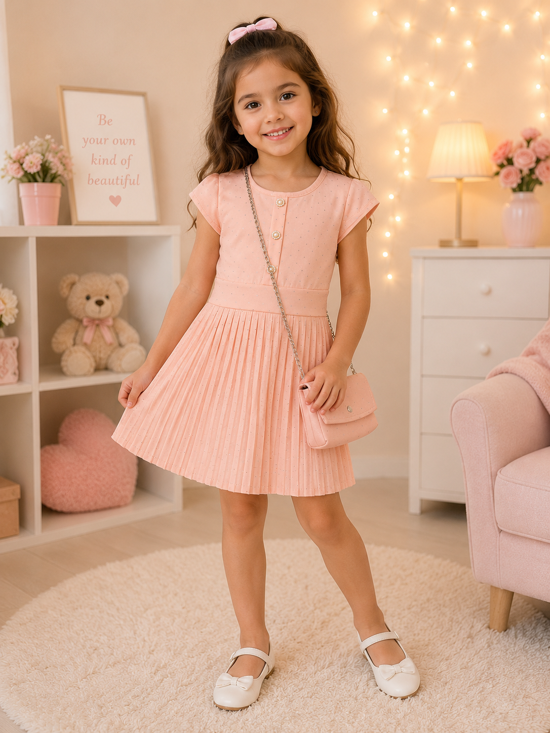 Girls' Elegant Pleated Dress with Matching Crossbody Bag
