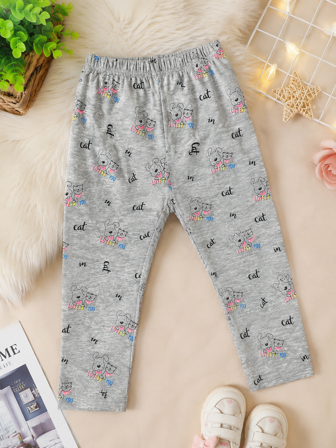 Kids Printed Cotton Leggings – Grey