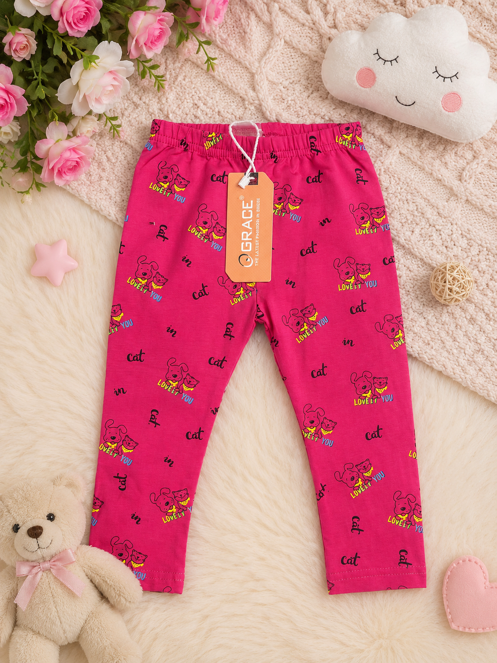 Kids Printed Cotton Leggings – Pink