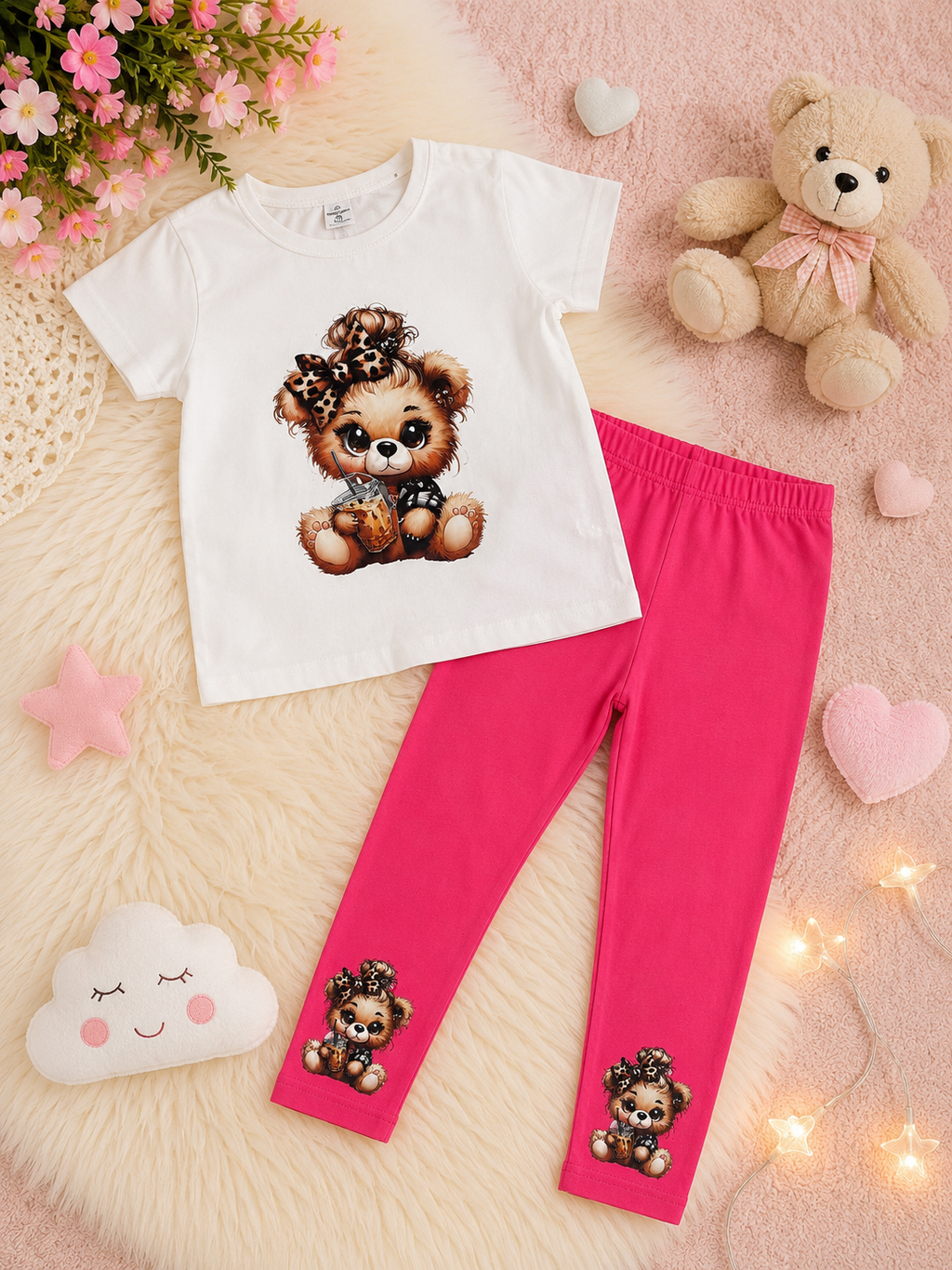 Girls Cute Bear Print T-Shirt & Leggings Set