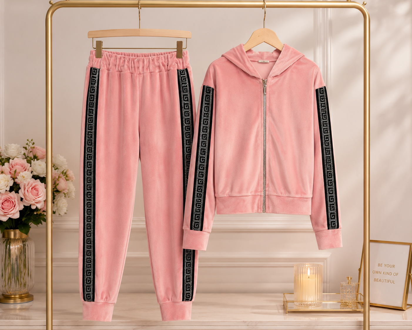 Girls Pink Velour Tracksuit Set