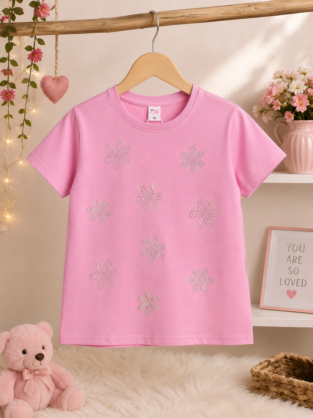 Girls Pink Rhinestone Flower T-Shirt