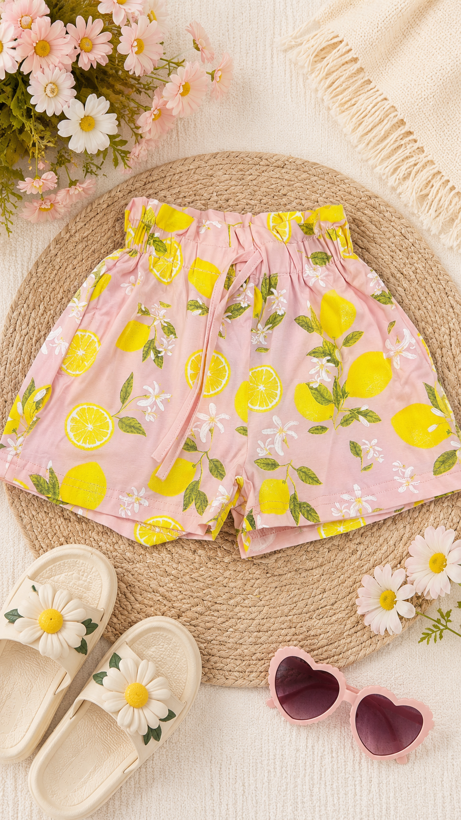 Girls Pink Lemon Print Cotton Summer Shorts