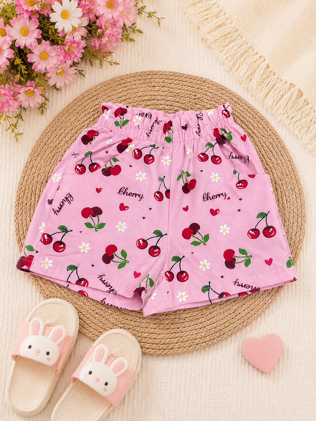 Girls Cherry Print Cotton Summer Shorts