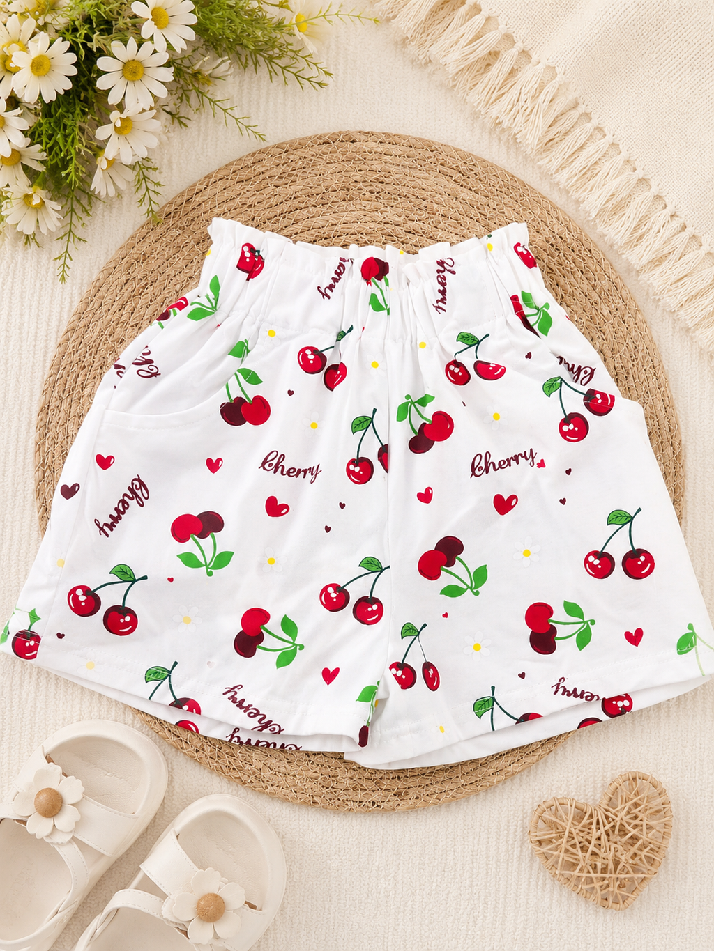 Girls Cherry Print Cotton Summer Shorts