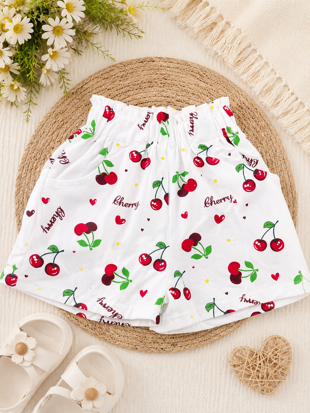 Girls Cherry Print Cotton Summer Shorts