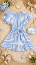 Blue Stripe Princess Dress with Matching Purse & Sparkling Stone Details