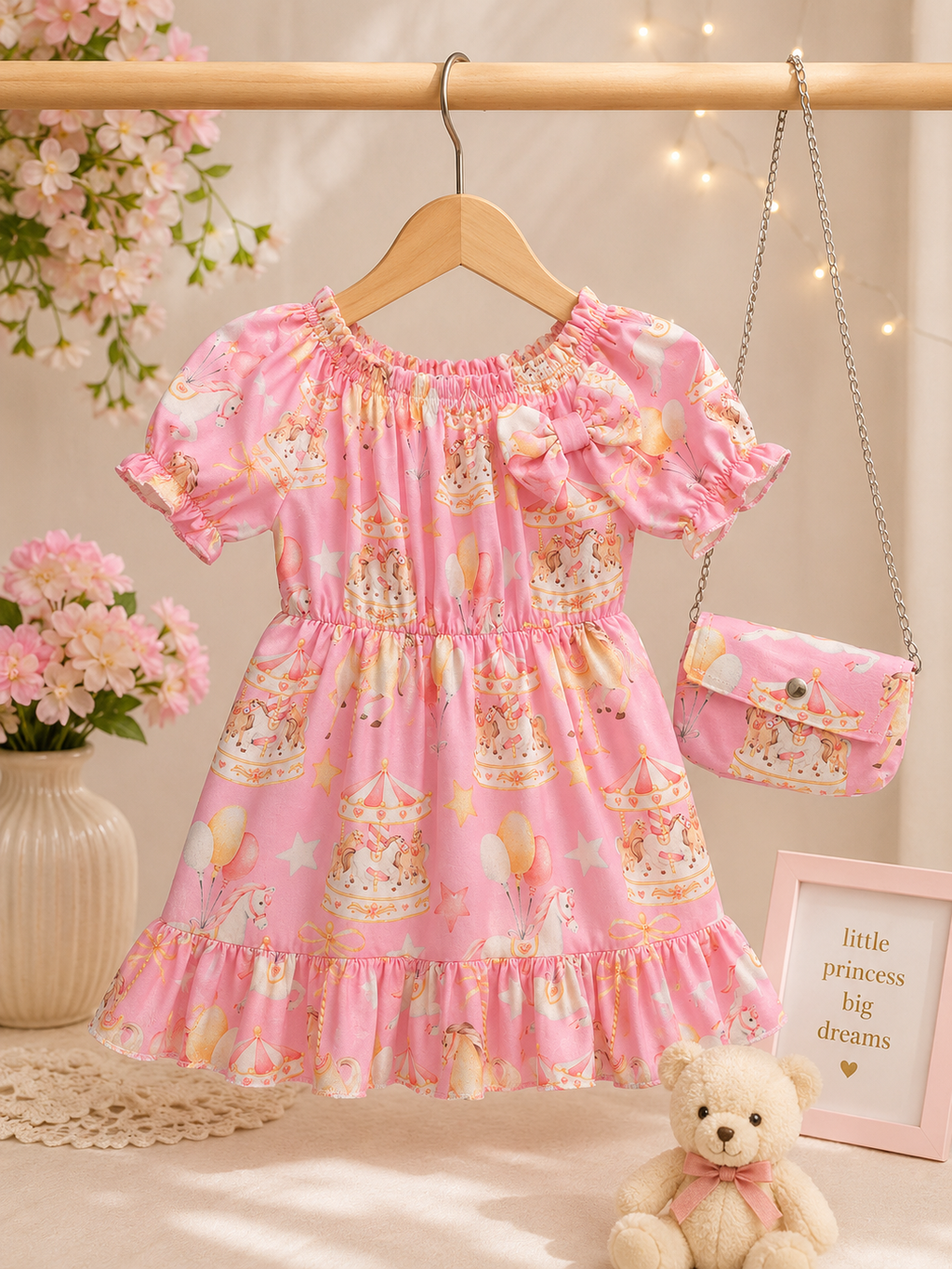 Girls' Pink Carousel Dress with Matching Mini Bag