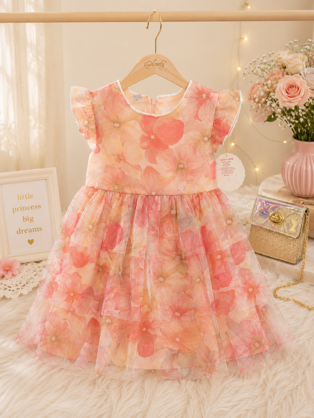 Girls' Elegant Floral Party Dress with Matching Mini Bag