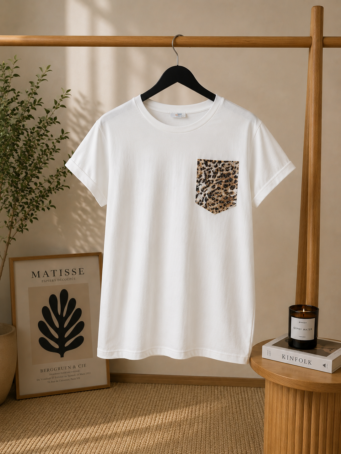 Premium White T-Shirt with Leopard Pocket & Rhinestone Details