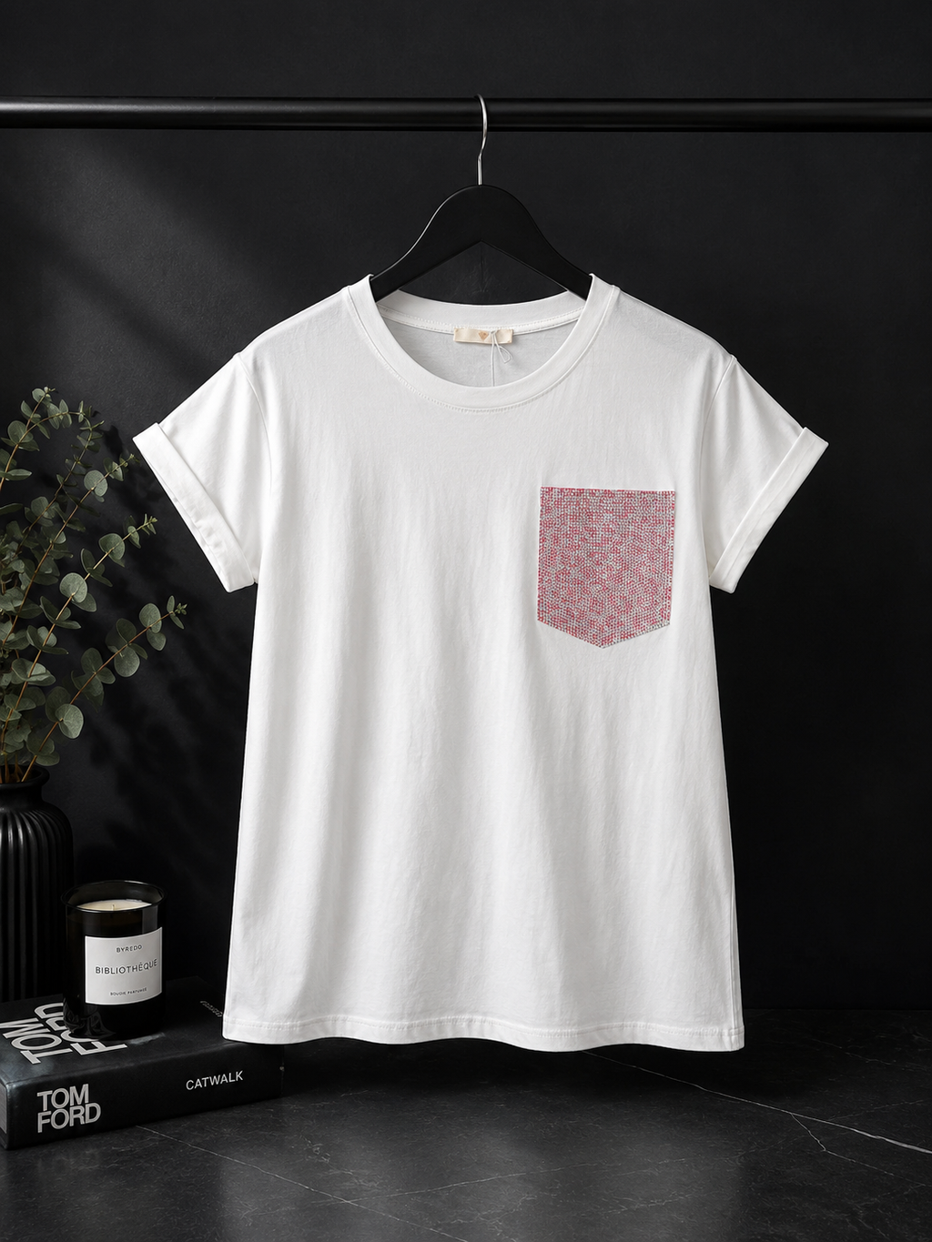 Premium White T-Shirt with Pink Rhinestone Pocket