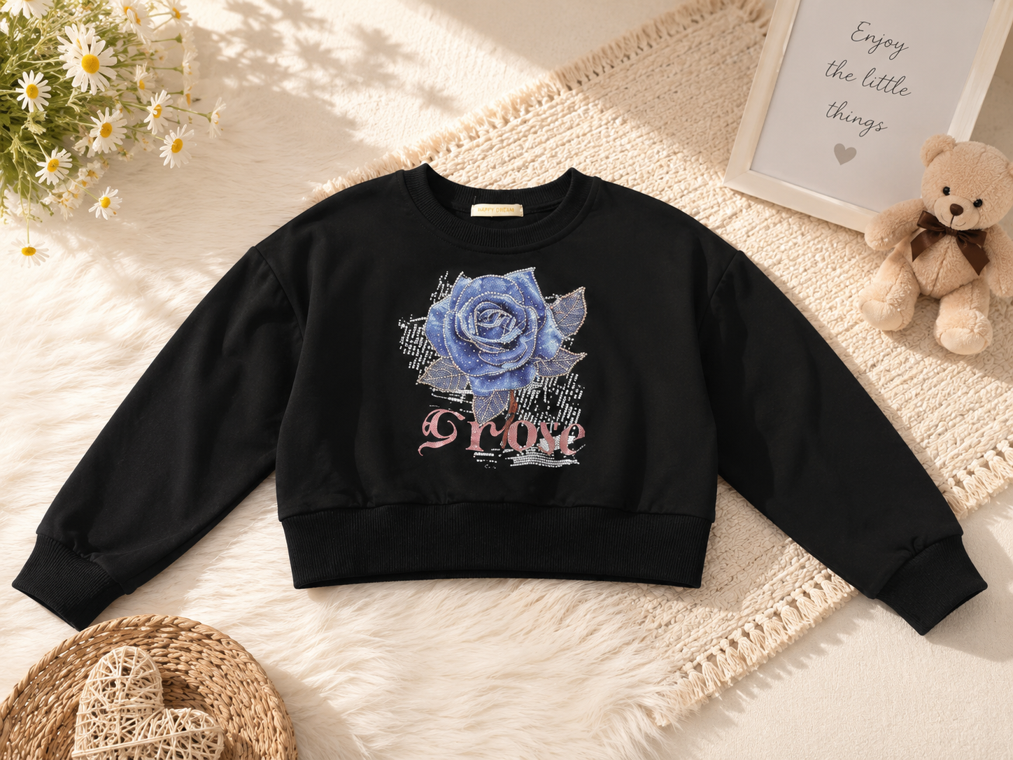 Girls' Rose Print Cropped Sweatshirt