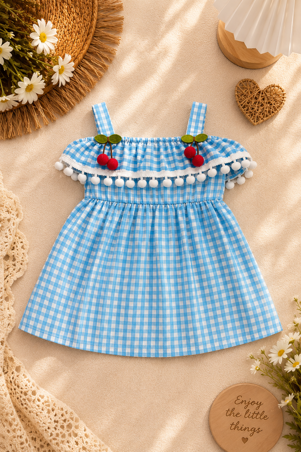 Baby Girls Blue Gingham Cherry Dress