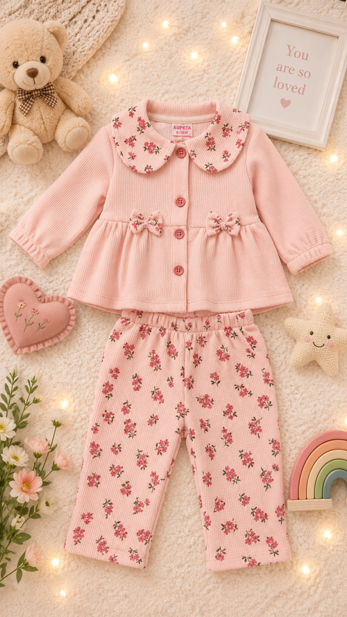Baby Girls Floral Waffle Knit 2-Piece Outfit Set