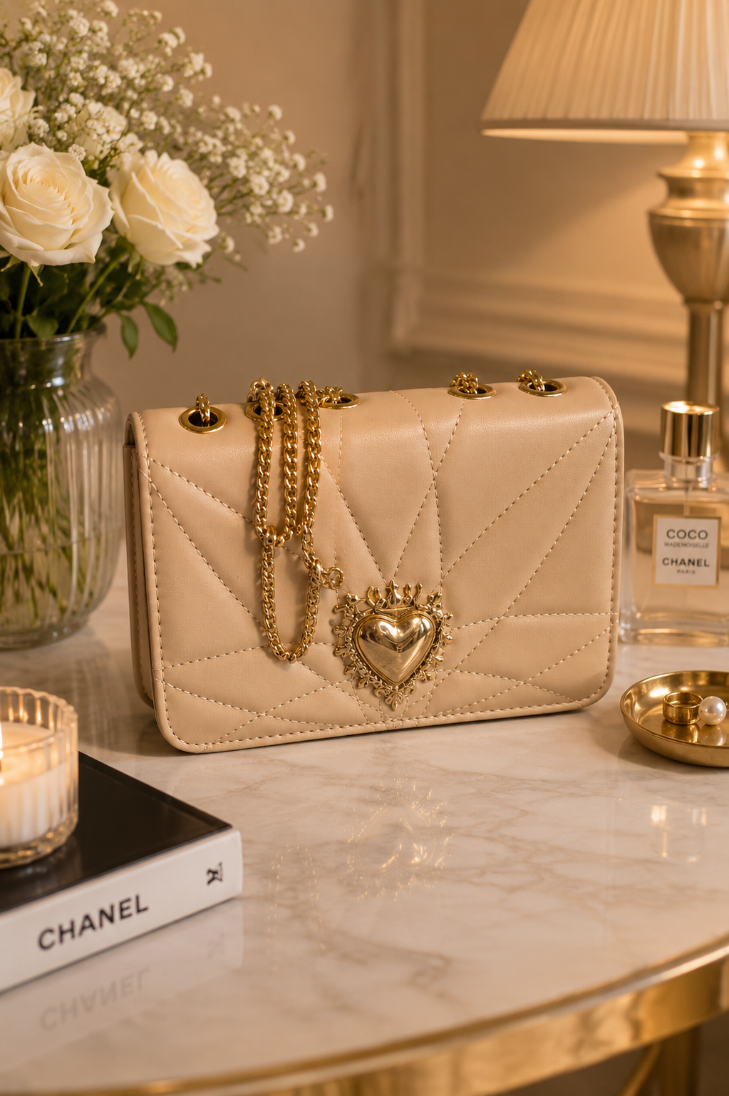 Elegant Beige Quilted Crossbody Handbag