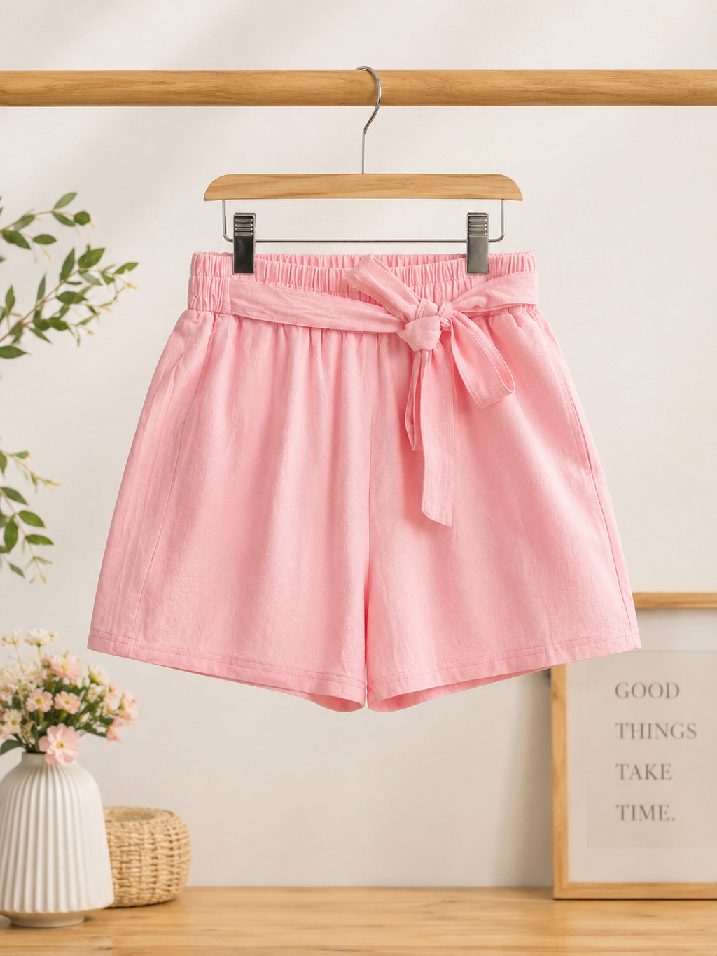 Women' Pink Tie-Waist Cotton Shorts