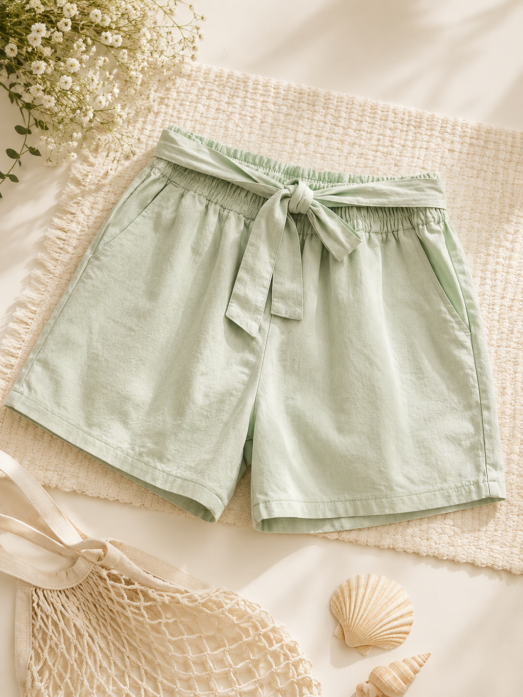 Women's Pistachio Tie-Waist Cotton Shorts