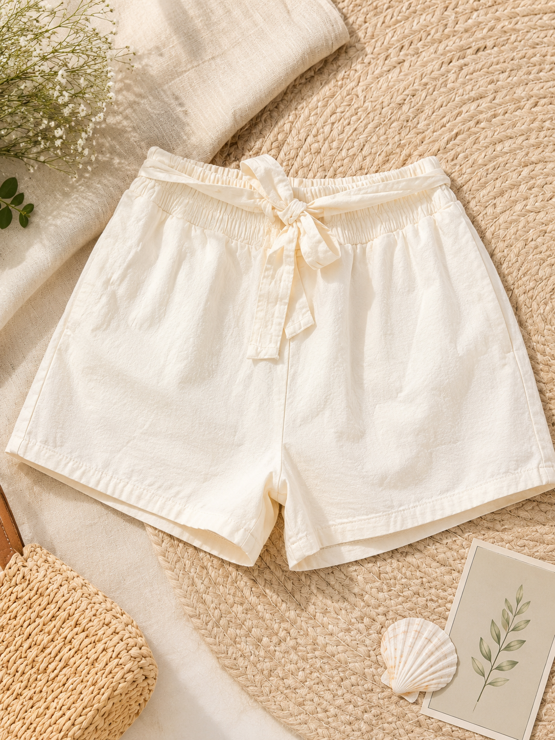 Women's Cream Tie-Waist Cotton Shorts