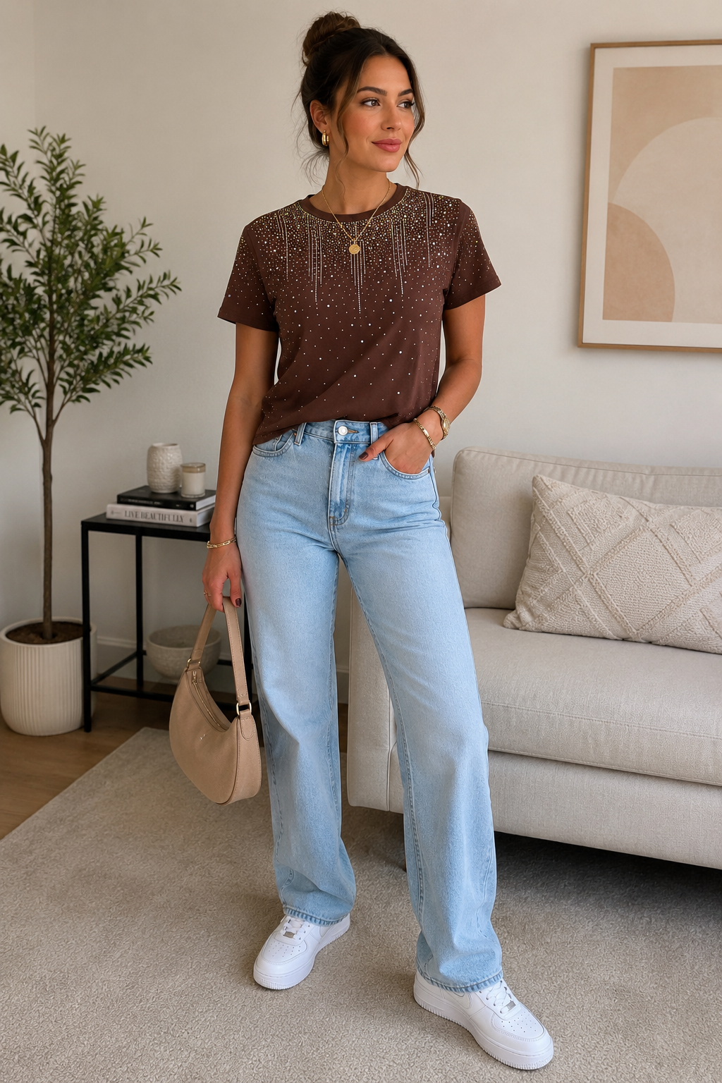 Brown Rhinestone Embellished T-Shirt