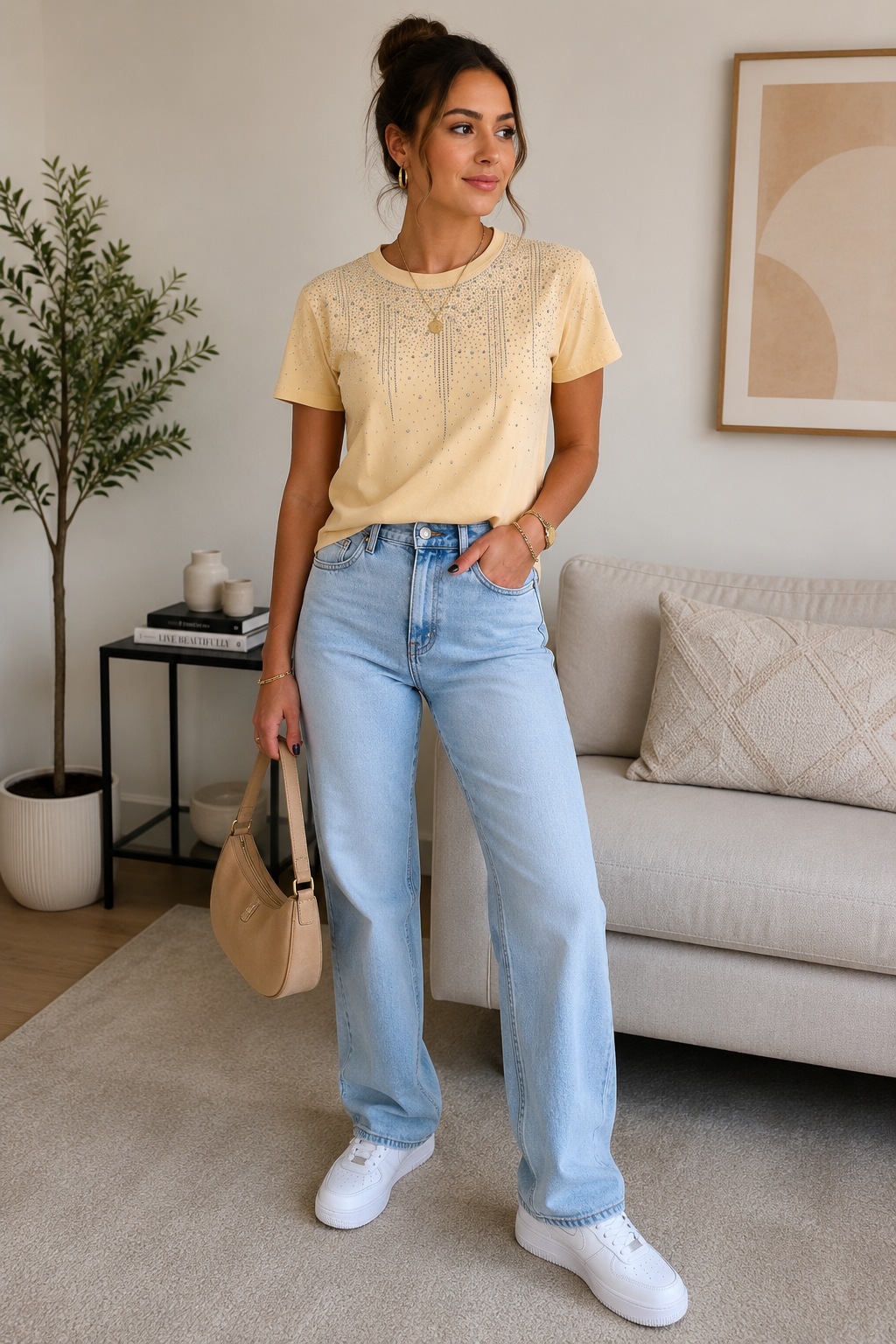 Beige Rhinestone Embellished T-Shirt
