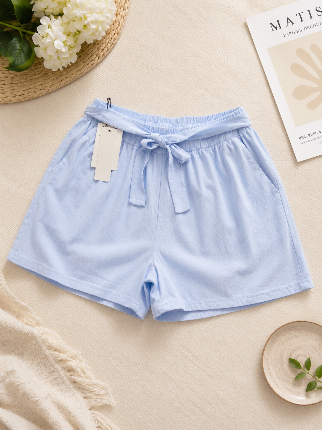 Women's Light Blue Cotton Drawstring Shorts