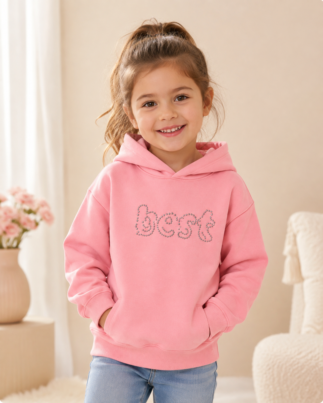 Girls' Pink Cotton Hoodie