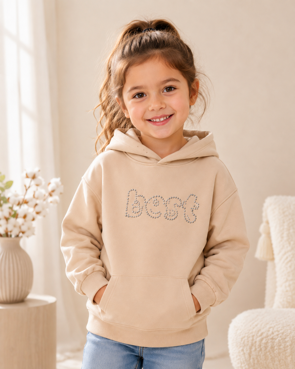 Girls' Beige Cotton Hoodie