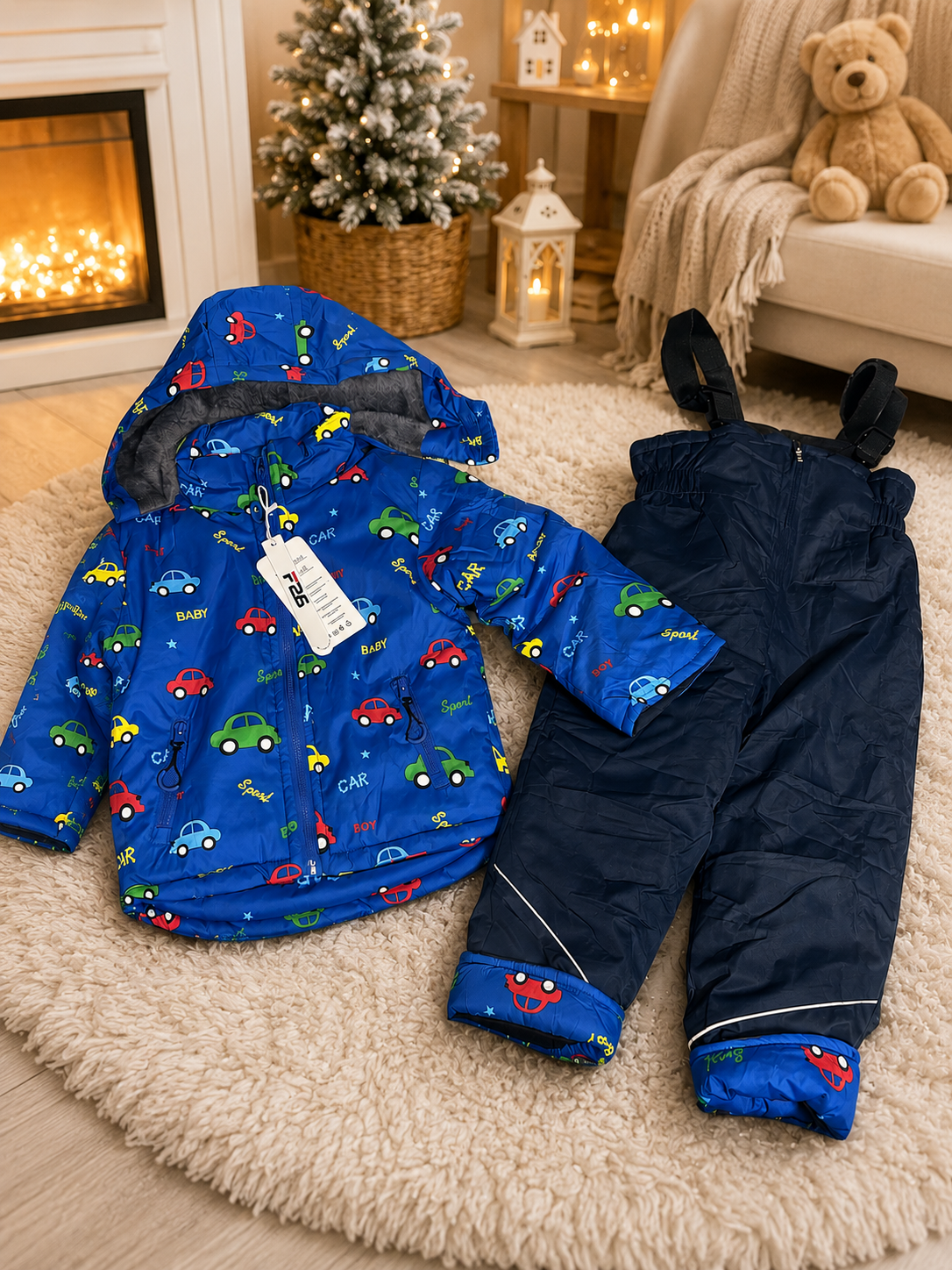 Boys’ Winter Set – Blue Car Print Jacket & Snow Pants