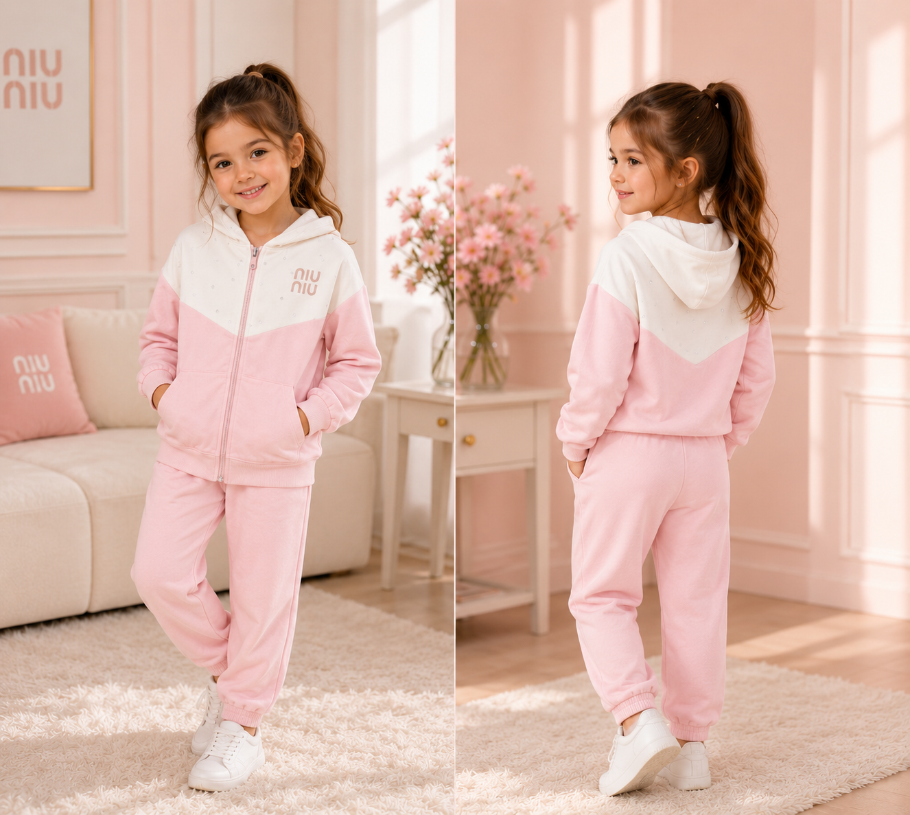 Girls' Pink & White Hooded Tracksuit Set