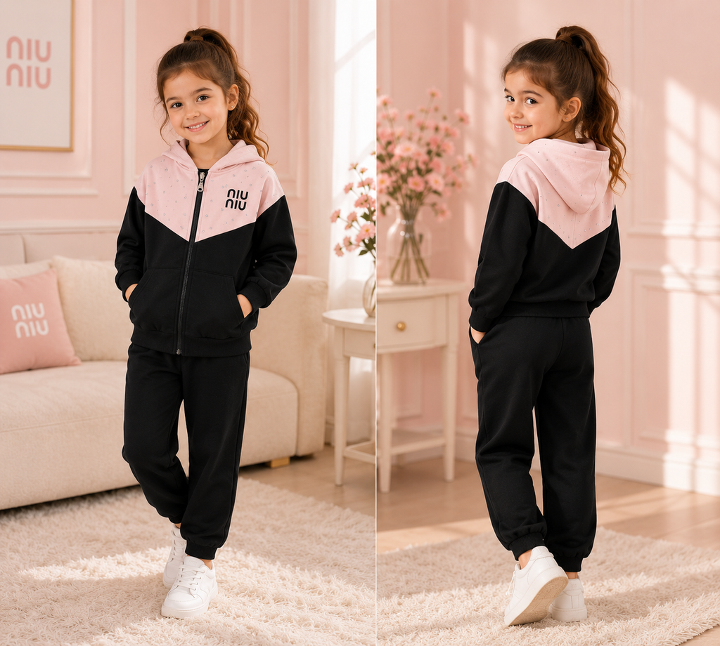 Girls' Black & Pink Hooded Tracksuit Set