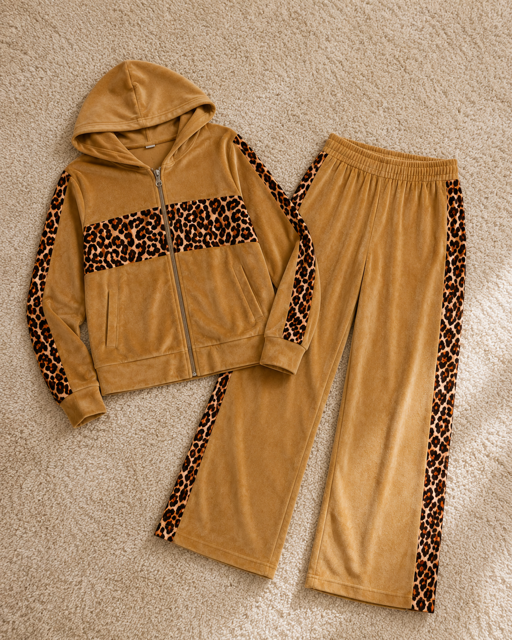 Girls' Velour Tracksuit with Leopard Print