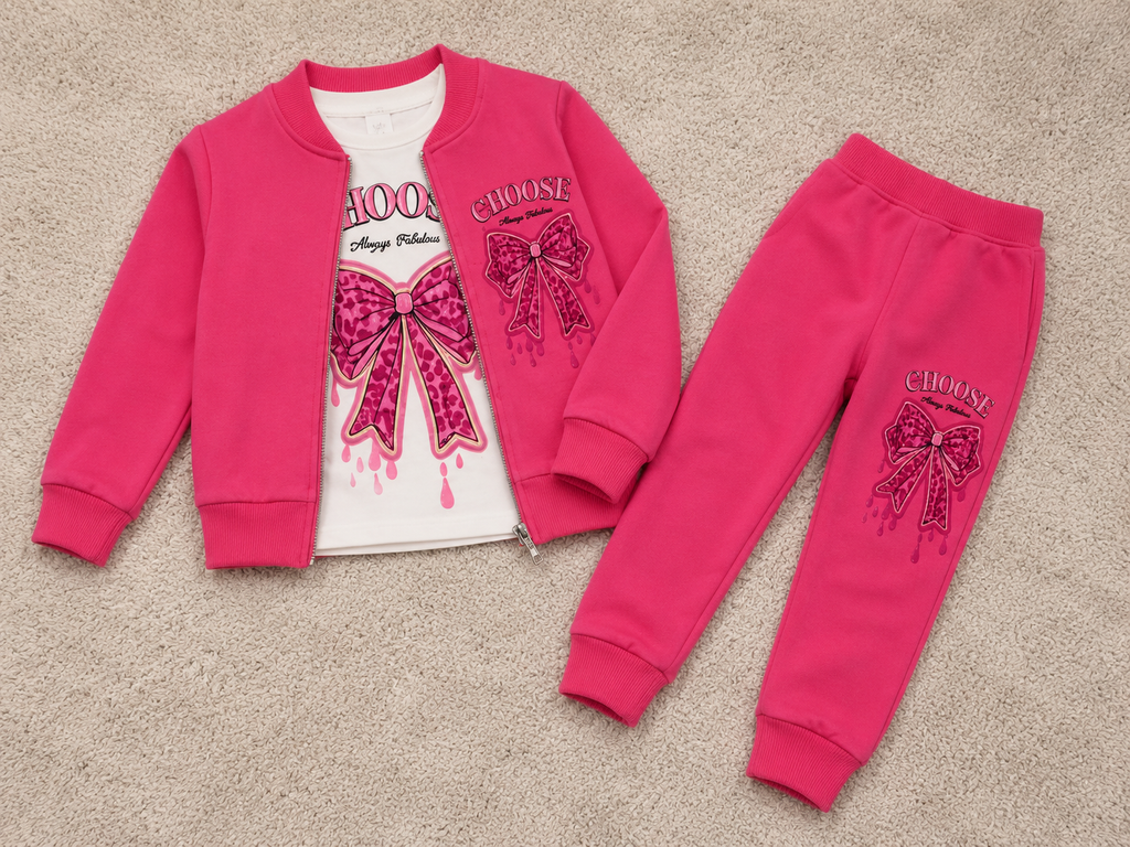 Girls' 3-Piece Pink Tracksuit Set – Bow Print