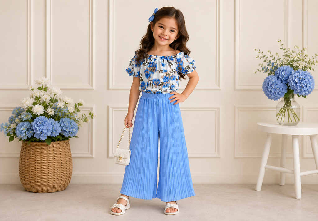Girls' Floral Top & Sky Blue Pleated Pants Set