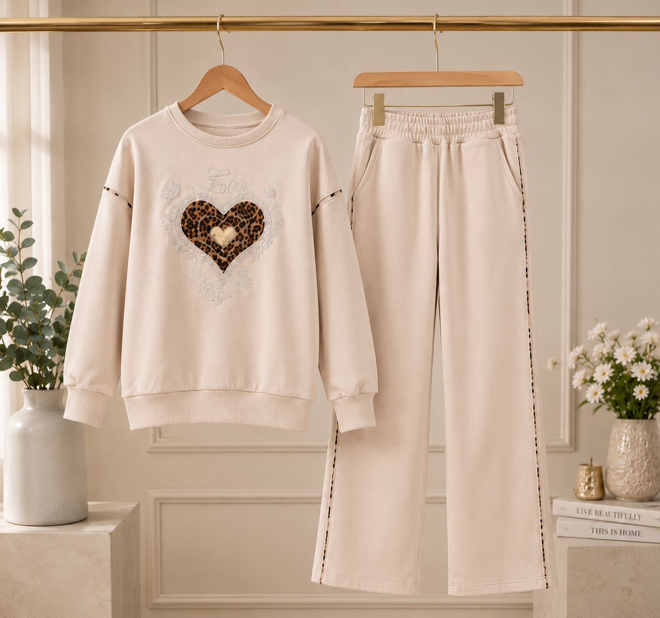 Premium Girls Beige Heart Co-Ord Set