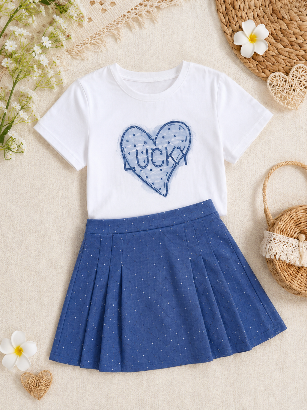 Girls' Two-Piece Set – White "Lucky" T-Shirt & Blue Skirt 💖