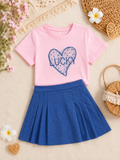 Girls' Two-Piece Set – Pink "Lucky" T-Shirt & Blue Skirt 💖