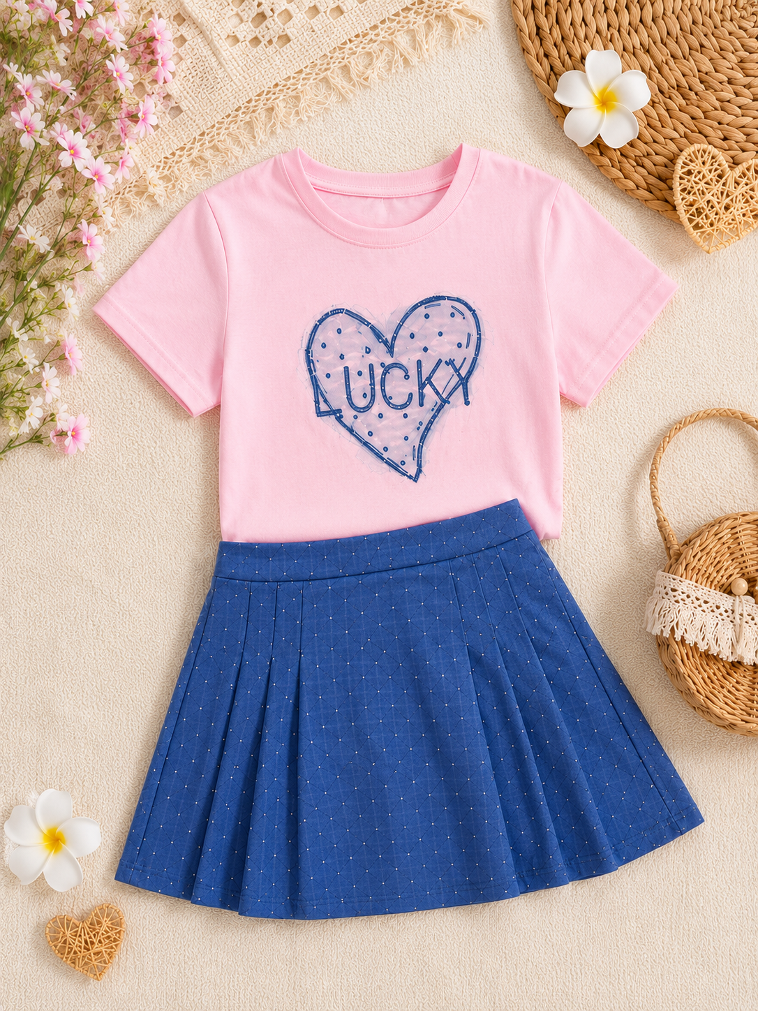 Girls' Two-Piece Set – Pink "Lucky" T-Shirt & Blue Skirt 💖