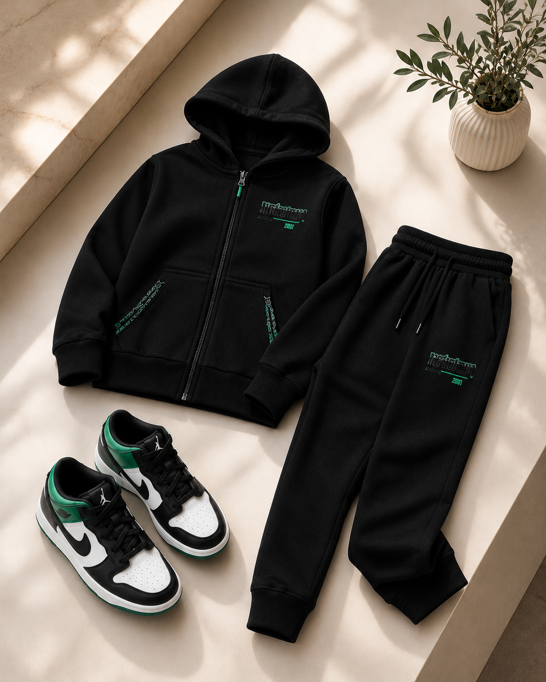 Premium Boys' Black Hooded Tracksuit Set – Green Edition